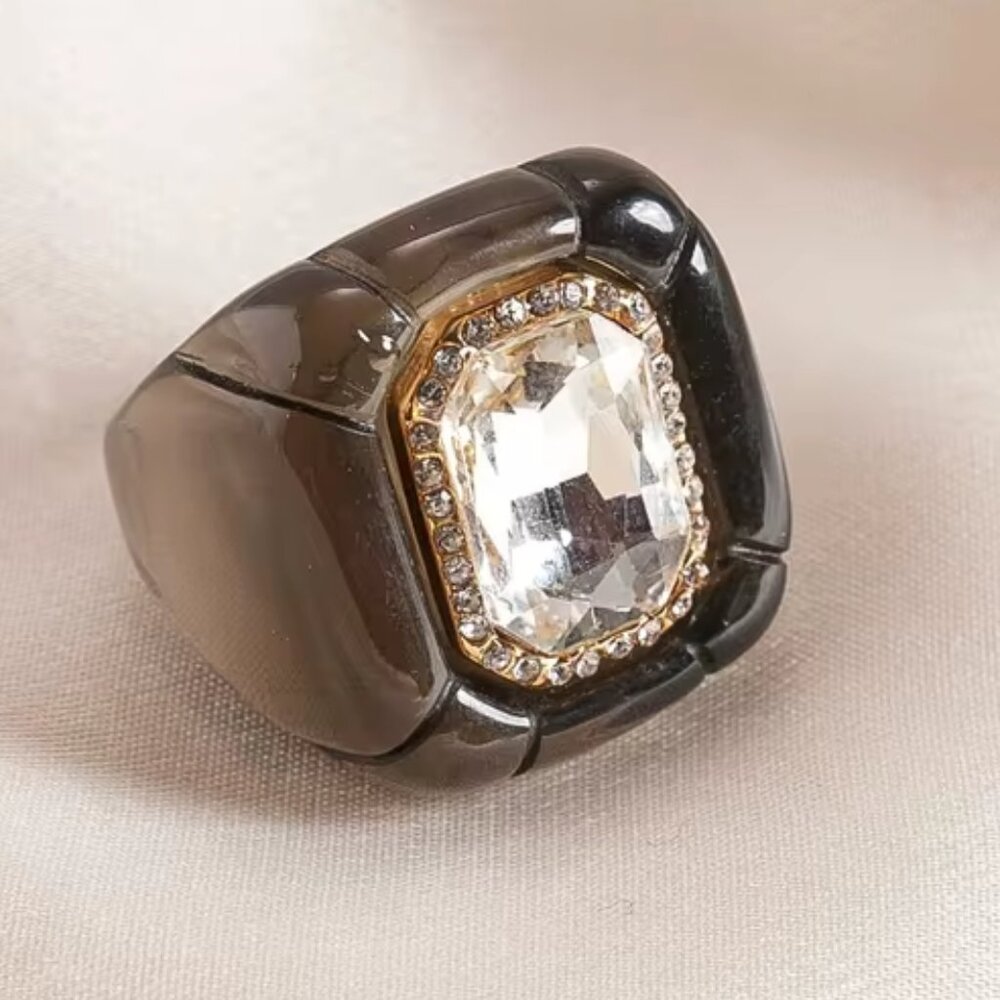 Geometric Black Resin Ring Champagne Crystal Rhinestone Accent Sz 7 NEW